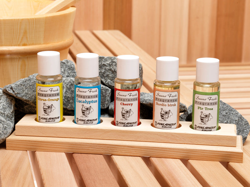 Set of 5 aromas includes Birch, Eucalyptus, Fir Tree, Citrus Orange, & Cherry in a cedar holder